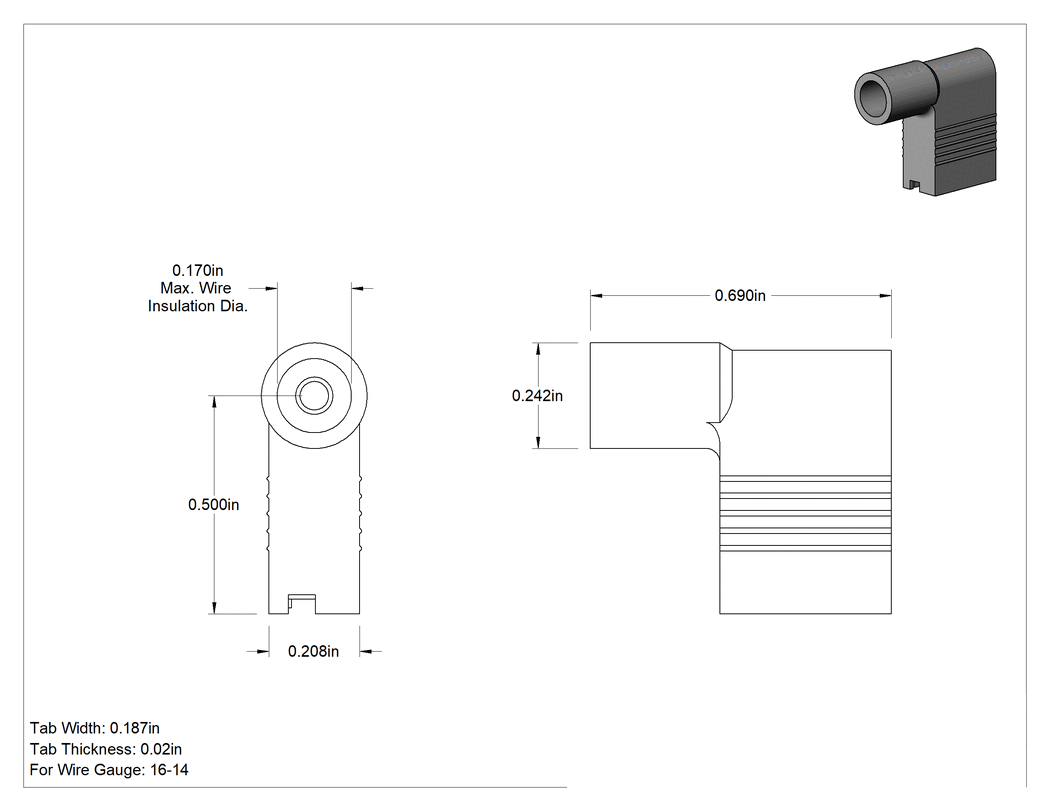 Teknik Çizim - Tamamen Yalıtımlı 90 Derece Bayraklı Faston Terminaller, Çift Sıkma, 16-14 AWG için, 0.187" Tırnak Genişliği