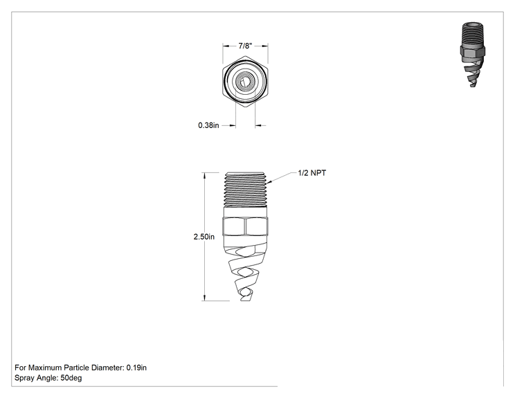 Teknik Çizim - Yüksek Hacimli Tıkanmaya Dayanıklı Püskürtme Memesi, İçi Boş Konik, PTFE, 1/2 NPT, 0.38" Delik Çapı, 50 Derece
