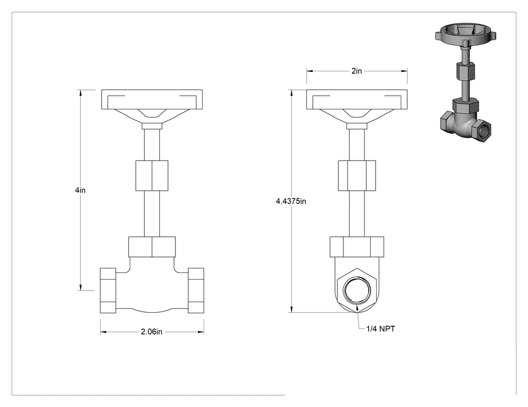 Teknik Çizim - Tekerlek Saplı Bronz Akış Ayar Vanası, Basınç Sınıfı 200, Düz, 1/4 NPT Dişi