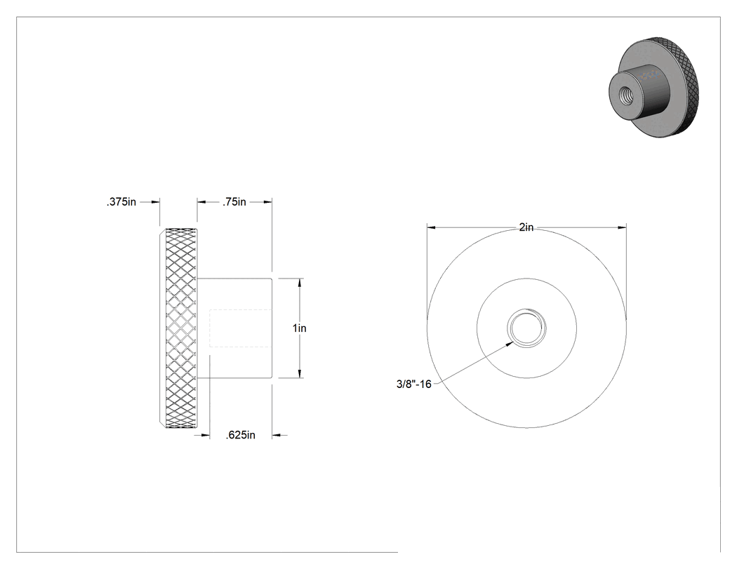 Teknik Çizim - 3/8"-16 Dişli Delikli Pirinç Yuvarlak Topuz