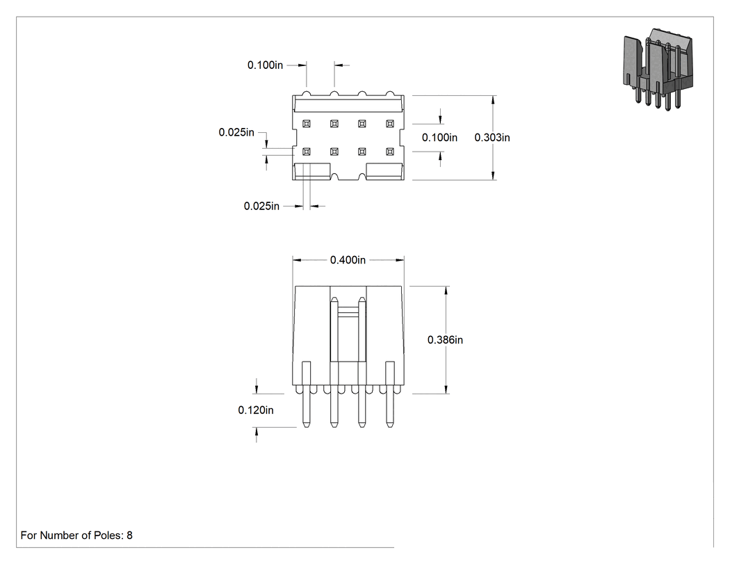 Teknik Çizim - 8 Kutuplu Başlıklar, Amphenol Devre Kartı Konektörleri için 2 Sıra x 4 Sütun