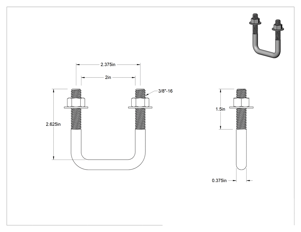 Teknik Çizim - Kare U-Cıvata, Galvanizli Çelik, 3/8"-16 Diş Boyutu, 2" İç Genişlik, 2-5/8" Yükseklik