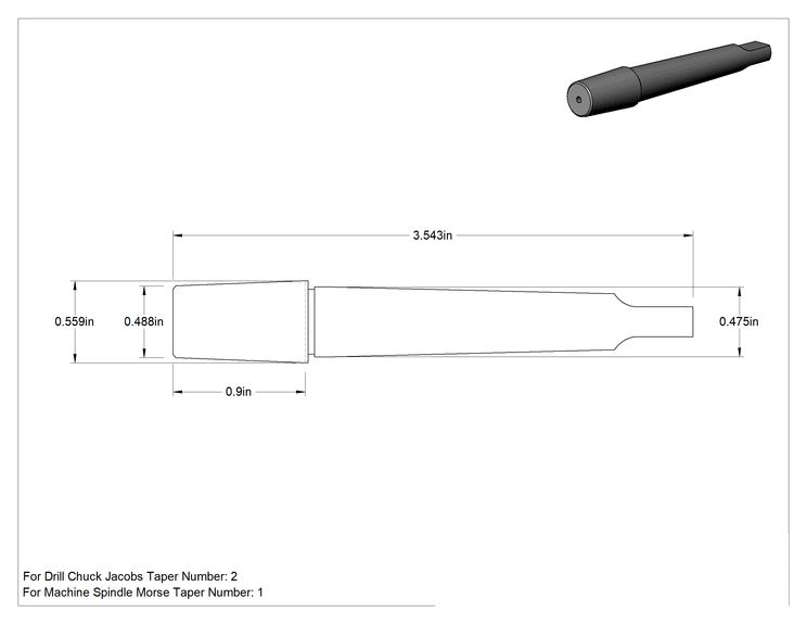 Teknik Çizim - Matkap Mandreni, 1 Numaralı Morse x 2 Numaralı Jacobs için, 3-35/64" Toplam Uzunluk