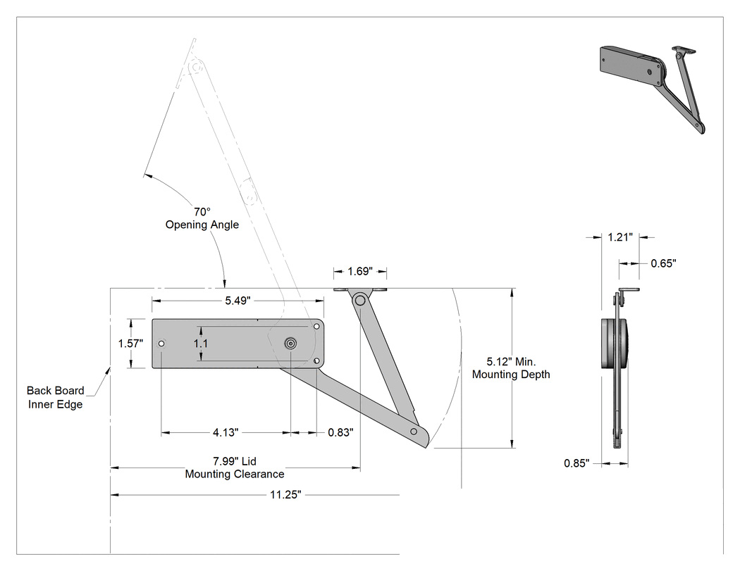 Teknik Çizim - Kapak Desteği, Sol Taraf Üst Montaj, 60 ila 86 inç-lbs. Tek Kapak Torku