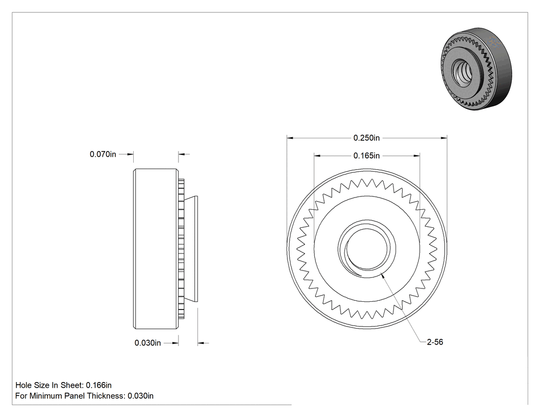 Teknik Çizim - 18-8 Paslanmaz Çelik Sac Metal için Presle Takılan Somun, 2-56 Diş Boyutu, 0.03" Minimum Panel Kalınlığı için