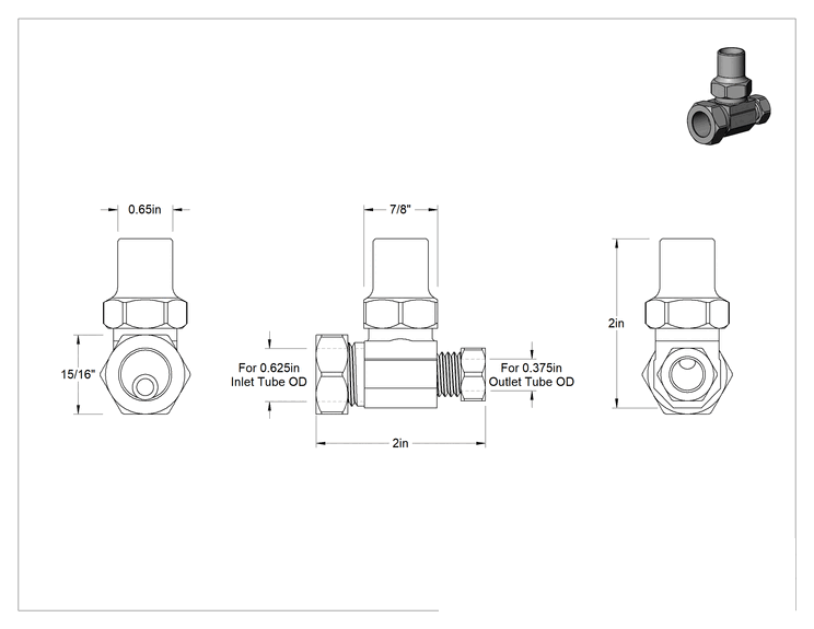 Teknik Çizim - Kurcalamaya Dayanıklı Tesisat Kesme Vanası, Lehim Bağlantısı Girişi x Sıkıştırma Çıkışı, 3/8" Dış Çap için Sıkıştırma Girişi x Sıkıştırma Çıkışı