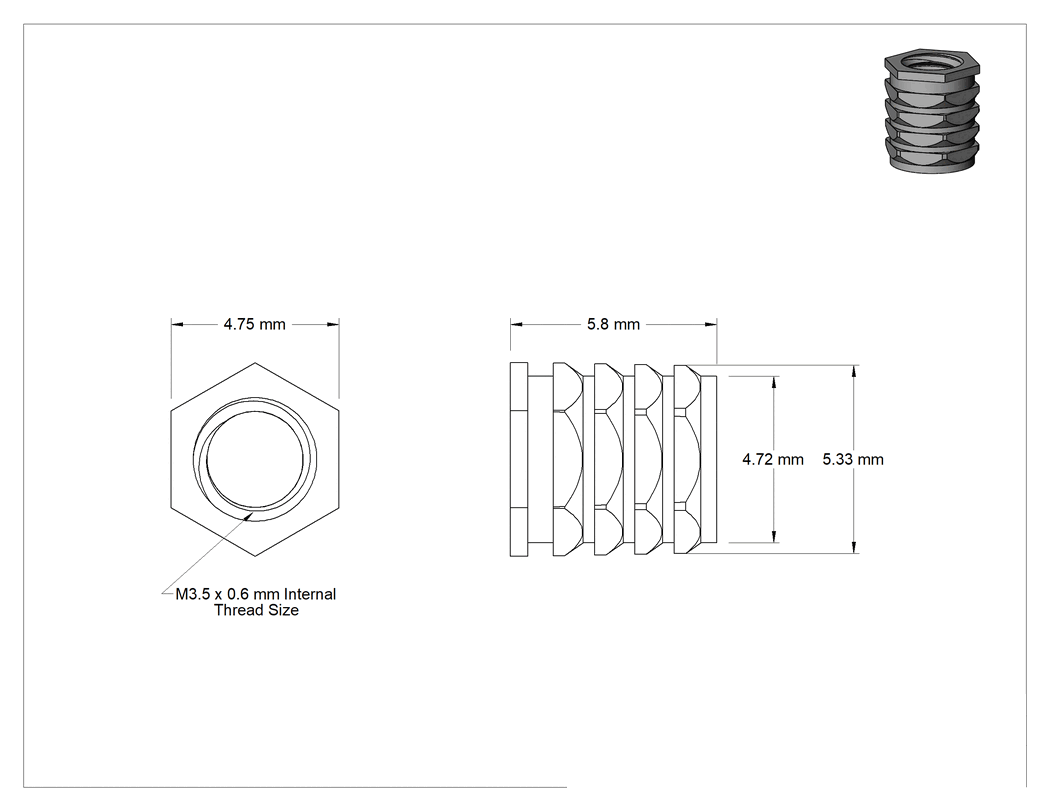 Teknik Çizim - 18-8 Paslanmaz Çelik Bükülmeye Dayanıklı Altıgen Şekilli Ek Parçalar, Plastik için, M3.5 x 0.6 mm Diş Boyutu