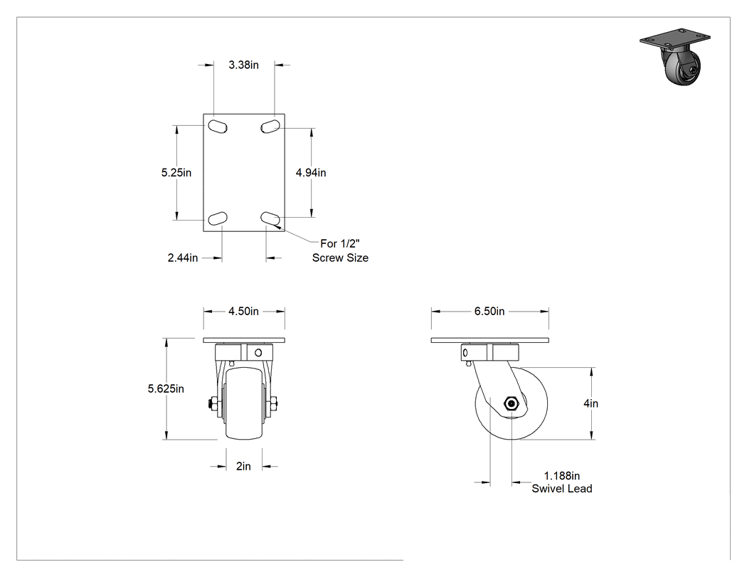Teknik Çizim - 6-1/2" x 4-1/2" Plakalı Yüksek Kapasiteli Vulcan Tekerlek, 4" Çaplı Fenolik Tekerlekli Döner