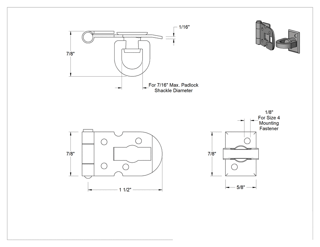 Teknik Çizim - Dönen Gözlü Kilitlenebilir Mandallar, 1-1/2" x 7/8" x 1/16" Kollu, 304 Paslanmaz Çelik