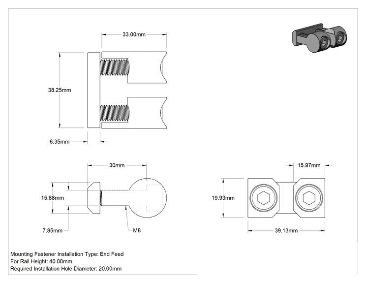 Teknik Çizim - 40 mm Yüksekliğinde Raylı T-Yivli Çerçeve için Çift Ankrajlı Gizli Braket