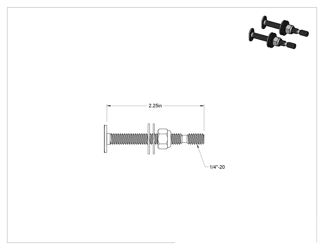 Teknik Çizim - Klozet Tabanına Montaj Donanımı, Paslanmaz Çelik, 1/4"-20 Diş Boyutu, 2-1/4" Uzunluk