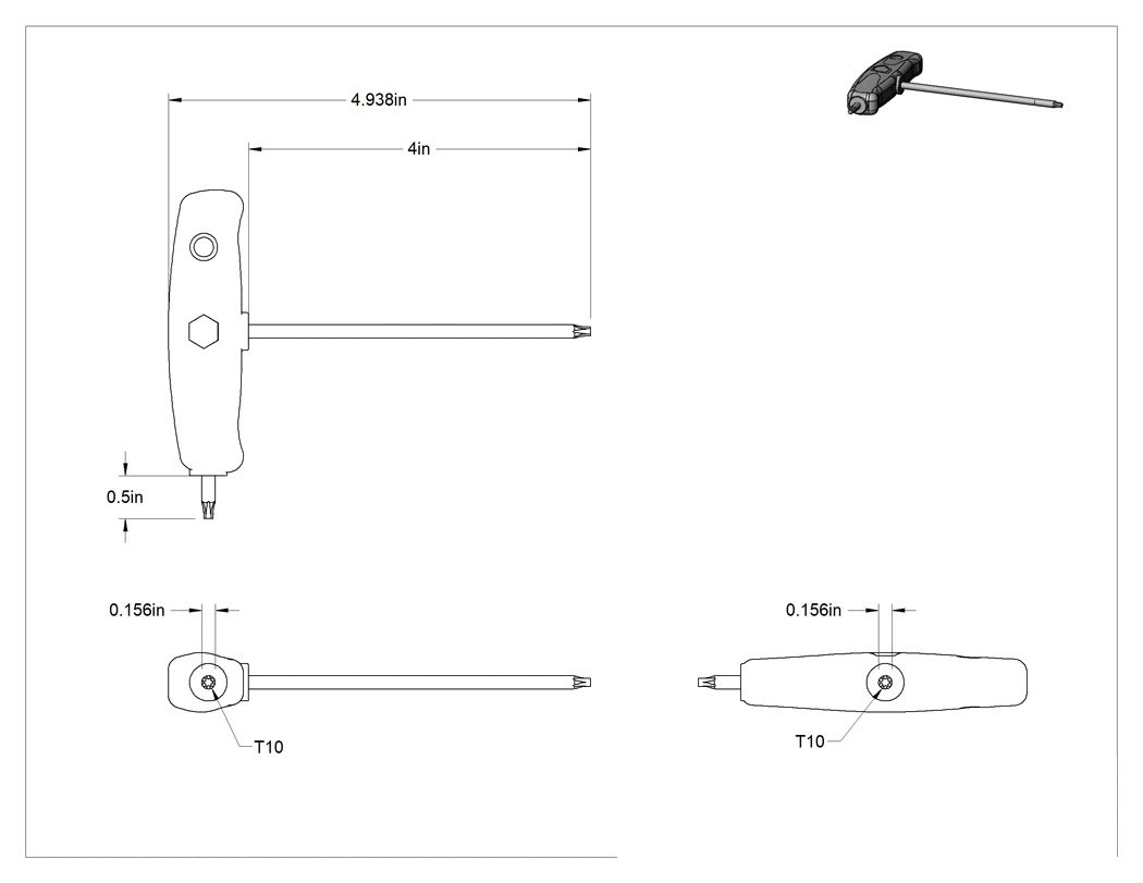 Teknik Çizim - Yüksek Kaldıraçlı Krom Kaplı Çelik T-Kolu Torx Anahtarı, T10 Tahrik Boyutu, 4-15/16" Toplam Uzunluk