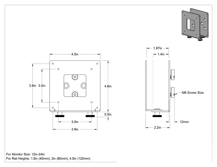 Teknik Çizim - T-Yivli Çerçeve Montajı, Monitör ve Bilgisayar Tutucu için, 1.5 inç ve 40 mm Yükseklik Ray