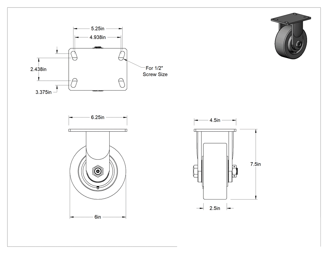 Teknik Çizim - 6-1/4" x 4-1/2" Plakalı Viking Tekerlek, Yüksek Kapasiteli, 6 inç Çapında Fenolik Tekerlekli Sert
