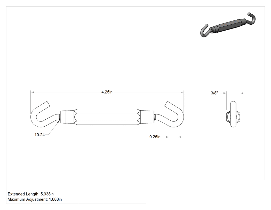 Teknik Çizim - Kapalı Gövdeli Alüminyum Gerdirme - Kaldırma Amaçlı Değildir, Kancadan Kancaya, 40 lbs. Kapasite, 4-1/4" Geri Çekilmiş Uzunluk