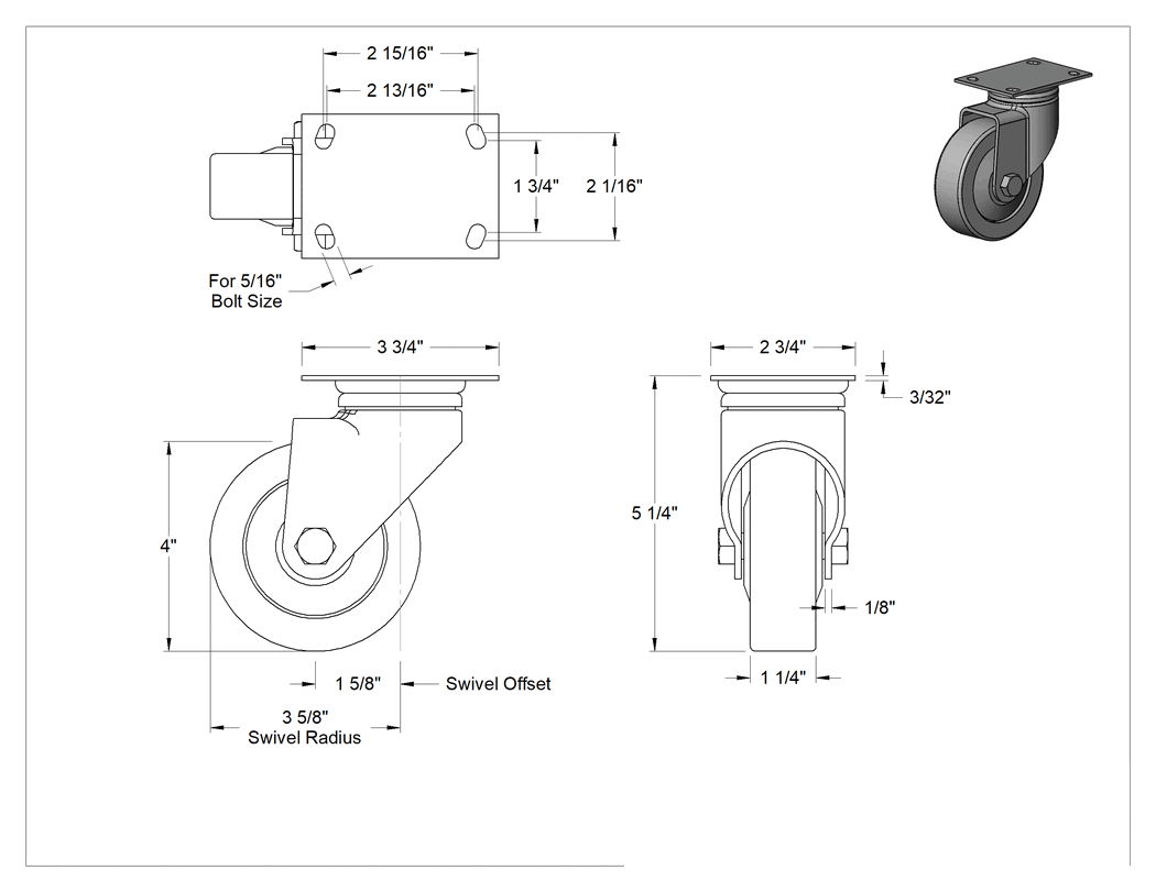Teknik Çizim - 3-3/4" x 2-3/4" Plakalı Parlak Yüzeyli Tekerlek, 4" Çapında Kauçuk Tekerlekli Döner Tekerlek