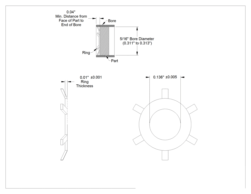 Teknik Çizim - İtmeli İç Segman, 15-7 PH Paslanmaz Çelik, 5/16" İç Çap için
