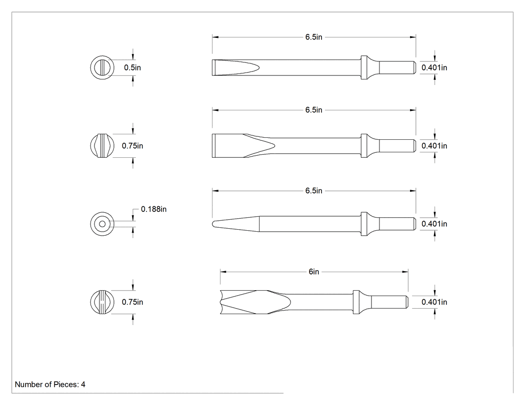 Teknik Çizim - Keski ve Perçin Çekiçleri için Keski Ucu, 4 Parça Set, 0.401" Yuvarlak Şaft