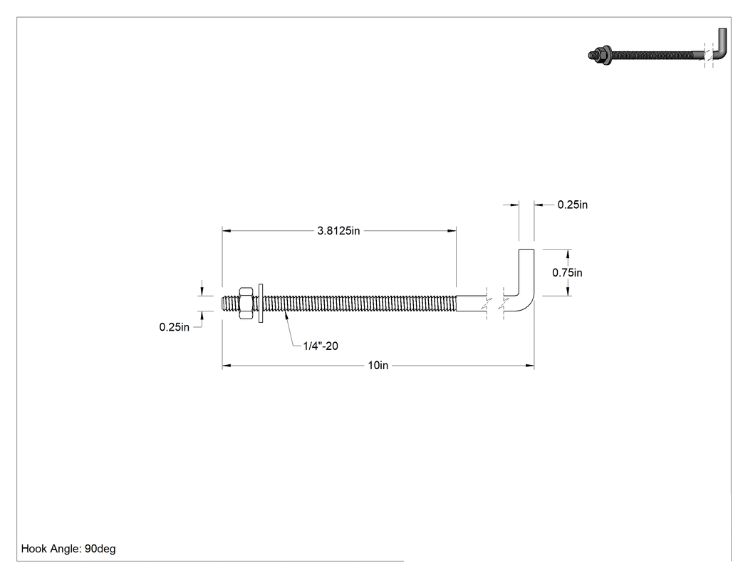 Teknik Çizim - Somun ve Pullu Düşük Mukavemetli Çelik Sabitleme Cıvatası, 90 Derece Yuvarlak Kancalı, Çinko Kaplamalı, 1/4"-20 Diş Boyutu, 10" Uzunluk