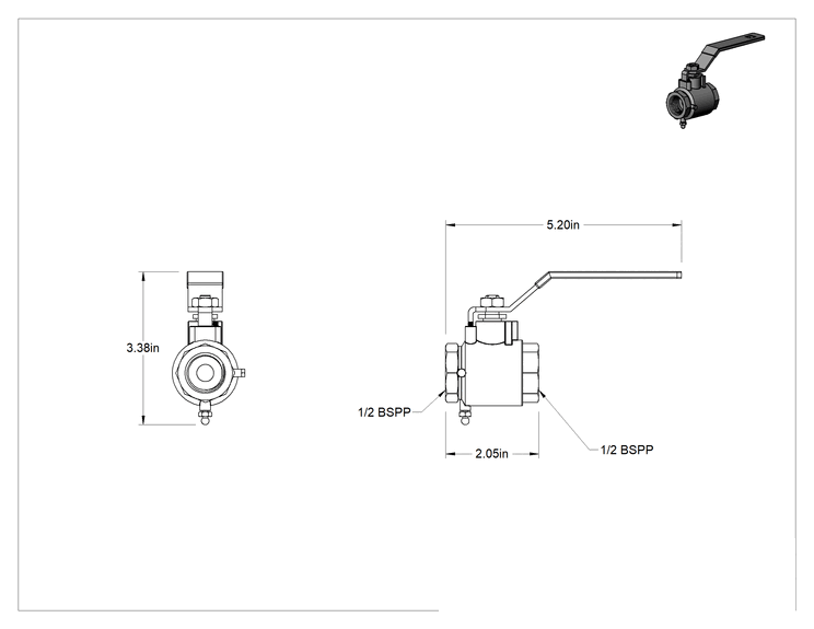Teknik Çizim - Kolay Erişimli Pirinç Açma/Kapama Vanası, Kol Kollu, 1/2 BSPP Dişi
