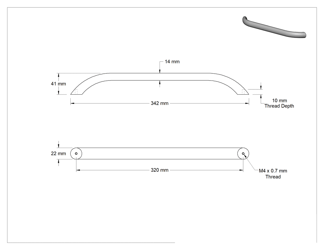 Teknik Çizim - Ekstra Uzun Dişli Delikli Çekme Kolu, Oval, 304 Paslanmaz Çelik, 320 mm Merkezden Merkeze Genişlik, 342 mm Genişlik