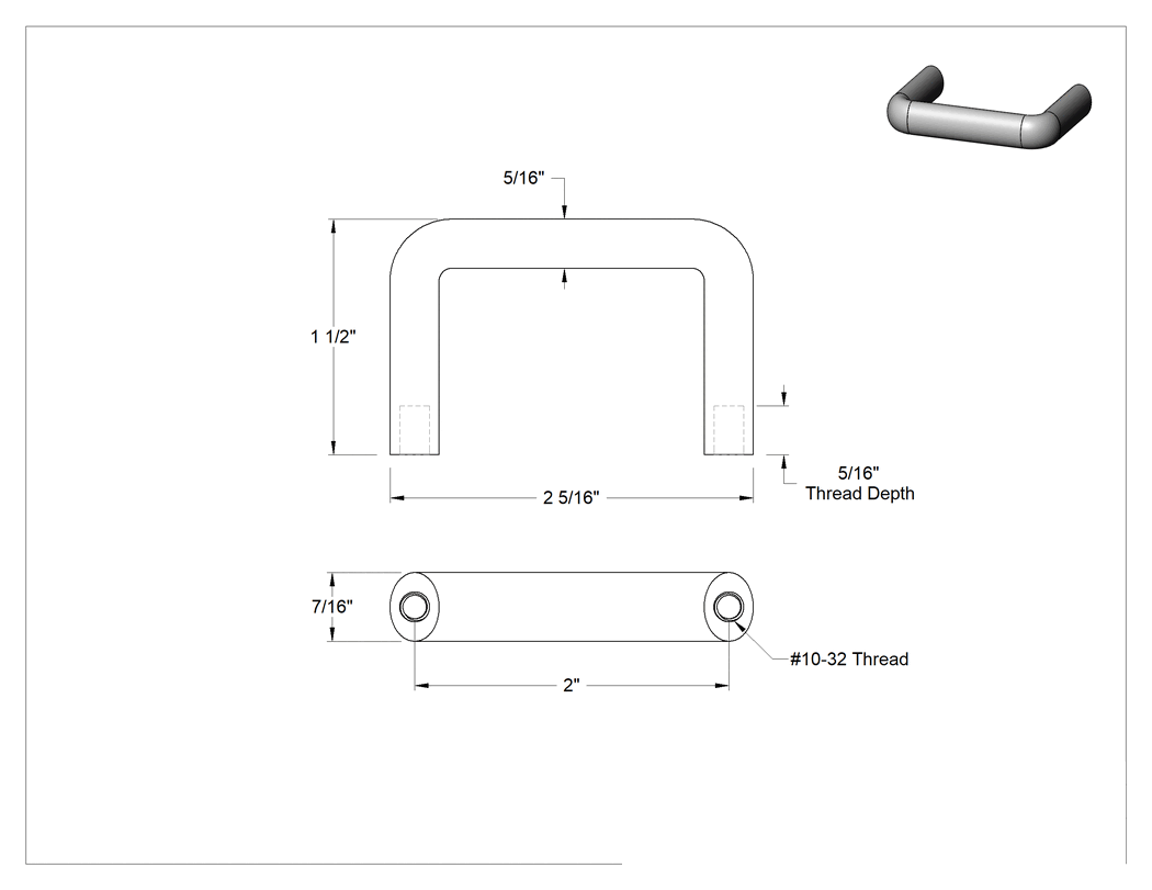 Teknik Çizim - Dişli Delikli Montajlı Oval Çekme Kolu, Mat 303 Paslanmaz Çelik, 2" Merkezden Merkeze Genişlik