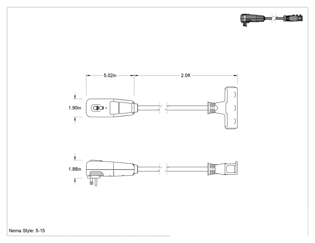 Teknik Çizim - Üç Prizli GFCI Uzatma Kablosu, 90 Derece NEMA 5-15 Fiş x Soket, Otomatik Sıfırlama, 2 Fit Uzunluk
