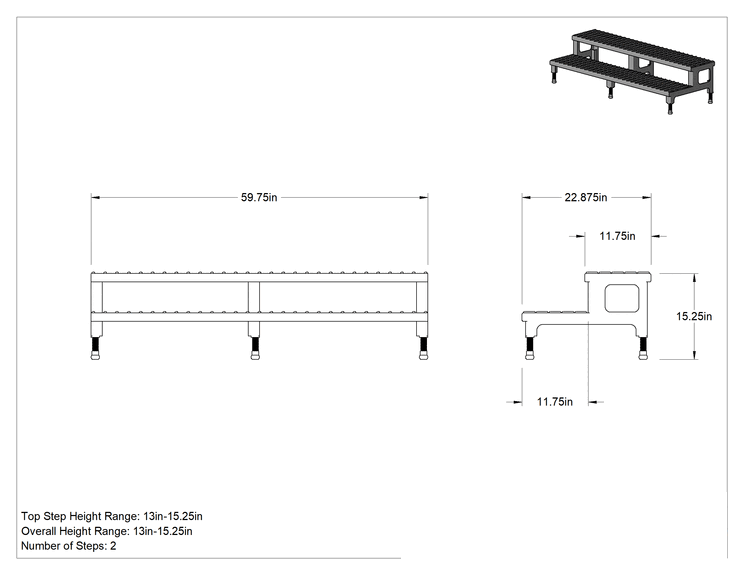 Teknik Çizim - Yüksekliği Ayarlanabilir Çalışma Platformu, 2 adet Basamaklı, 13"-15.25" Yükseklik x 60" Genişlik x 23" Derinlik (Toplam)