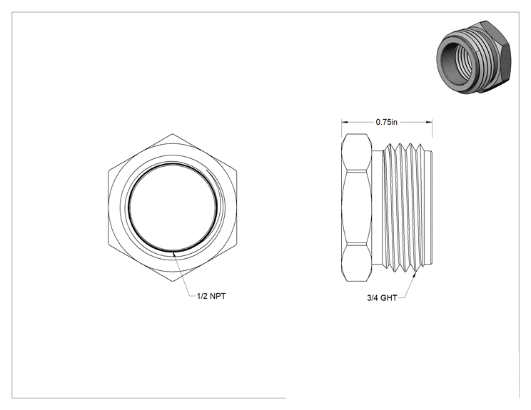 Teknik Çizim - 303 Paslanmaz Çelik Bahçe Hortumu Bağlantı Parçası, Burç Adaptörü, 3/4 GHT Erkek x 1/2 NPT Dişi
