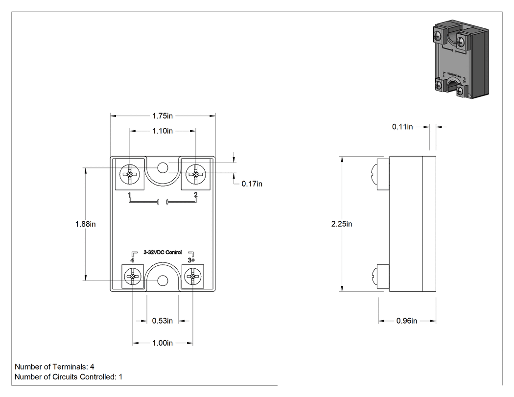 Teknik Çizim - Katı Hal Vidalı Klemensli Röle, 3-30V DC Giriş, 5A Anahtarlama Akımı, 140V AC Maksimum