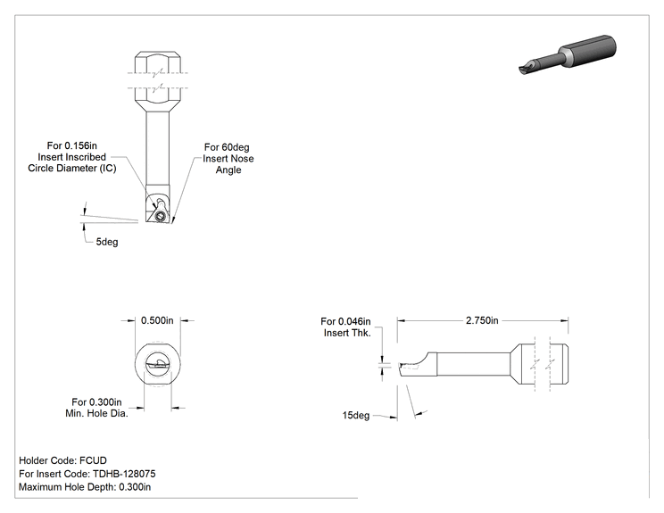 Teknik Çizim - Delik Açma Karbür Uç Tutucu, Kod Fcud, Sağ Yönlü, 1/2" Şaft Çapı, 2-3/4" Toplam Uzunluk
