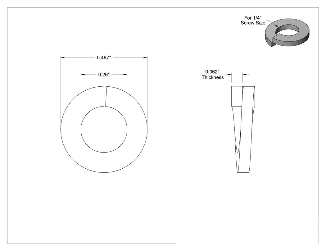 Teknik Çizim - Galvanizli Çelik Yaylı Pulları, 1/4" Vida Boyutu için, 0.260" İç Çap, 0.487" Dış Çap