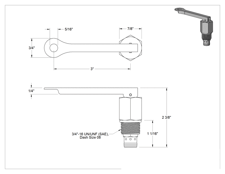 Teknik Çizim - Toggle Kumandalı Açma/Kapama Vidalı Hidrolik Valfler, 3/4"-16 Diş