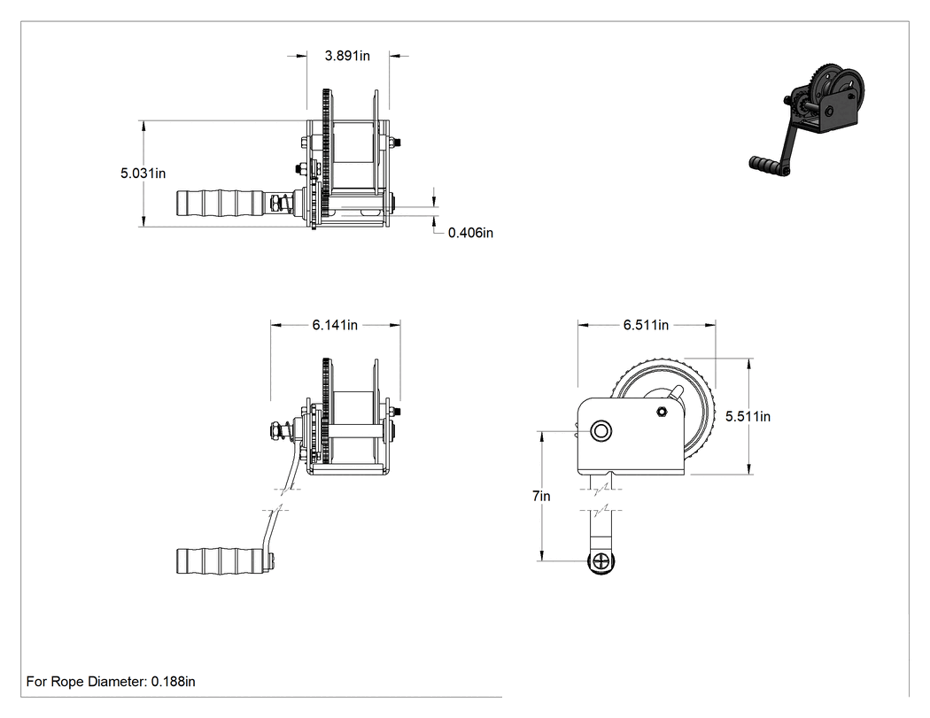 Teknik Çizim - Kaldırma için Tel Halat El Vinci, Sol Taraf Tutamak, 50 ila 800 lbs. Kapasite