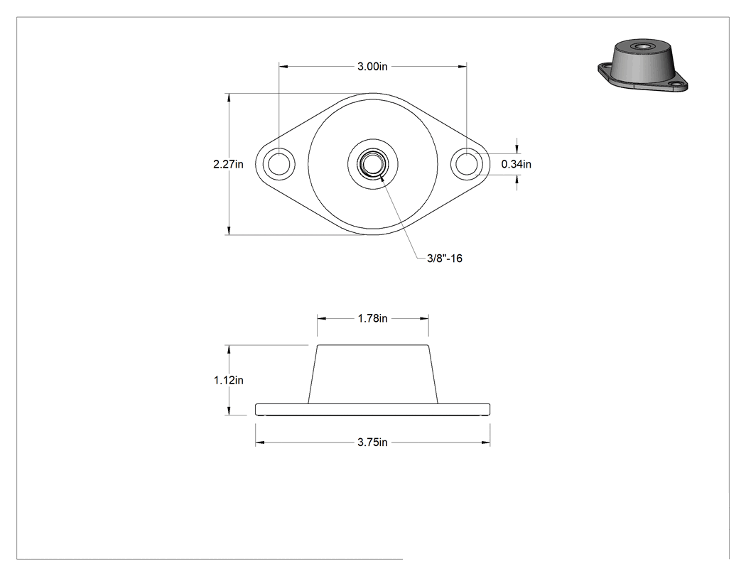 Teknik Çizim - Neopren Titreşim Sönümleyici Cıvatalı Montaj, Arıza Emniyeti, 3/8"-16 Diş, 210 lbs. Kapasite, 1.12" Toplam Yükseklik