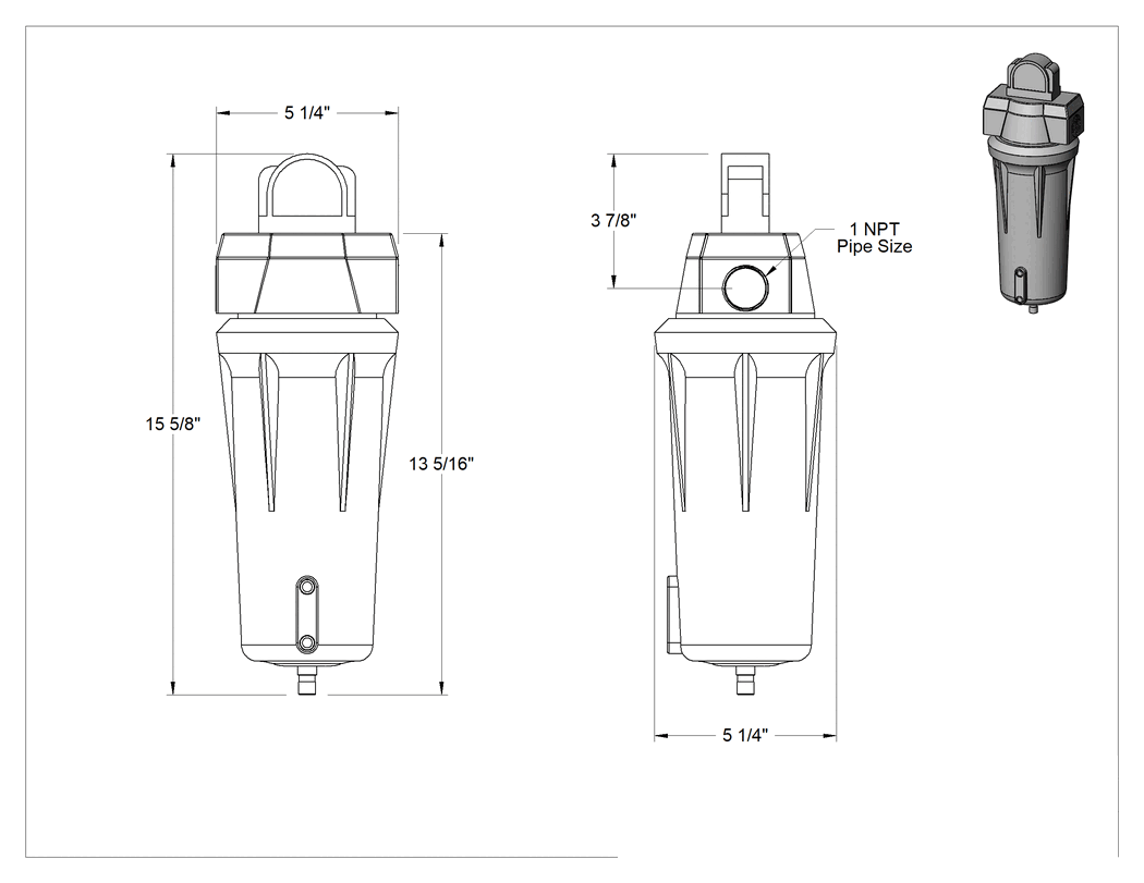 Teknik Çizim - Yağ giderme amaçlı basınçlı hava ayırıcı, Opak Kase, 1 NPT Dişi, 100 scfm @ 100 PSI