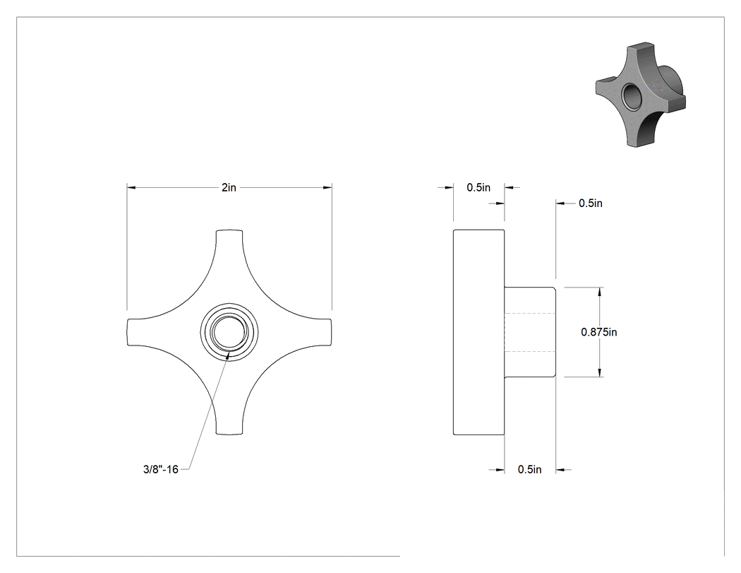 Teknik Çizim - Dört Kollu Tutma Yerli Düğme, Yüksek Sıcaklık, 3/8"-16 Dişli Delikli
