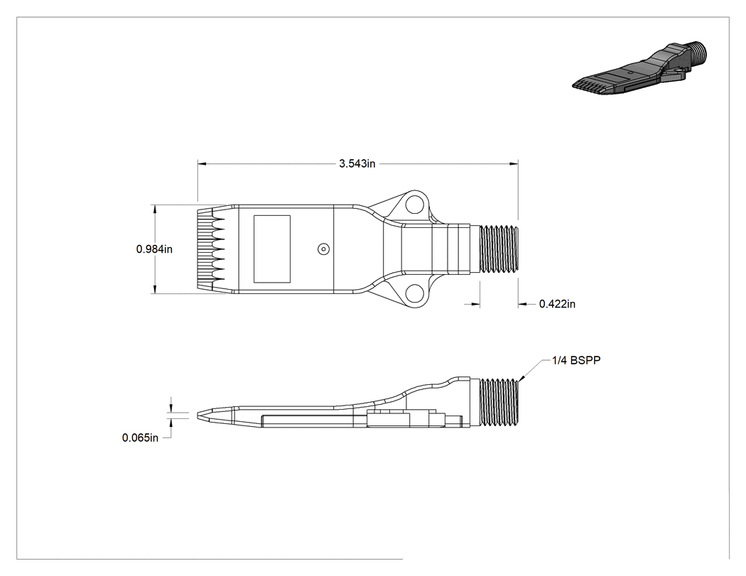 Teknik Çizim - Gıda ve İçecek Geniş Hava Akışlı Hava Nozulu, Asetal Plastik, 1/4 BSPP Erkek Giriş, 13 CFM @ 75 PSI