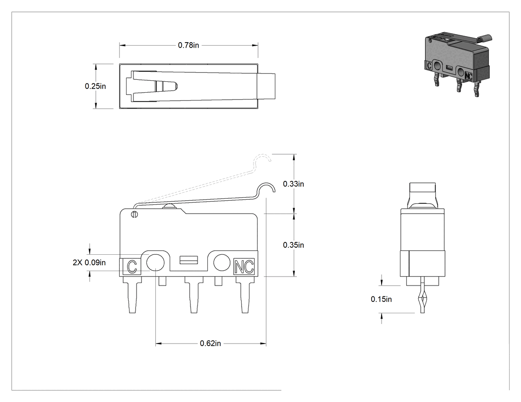Teknik Çizim - Subminyatür Anında Çalışan Anahtar, Simüle Edilmiş Makaralı Kol, Terminaller, 0.1A @ 125V AC