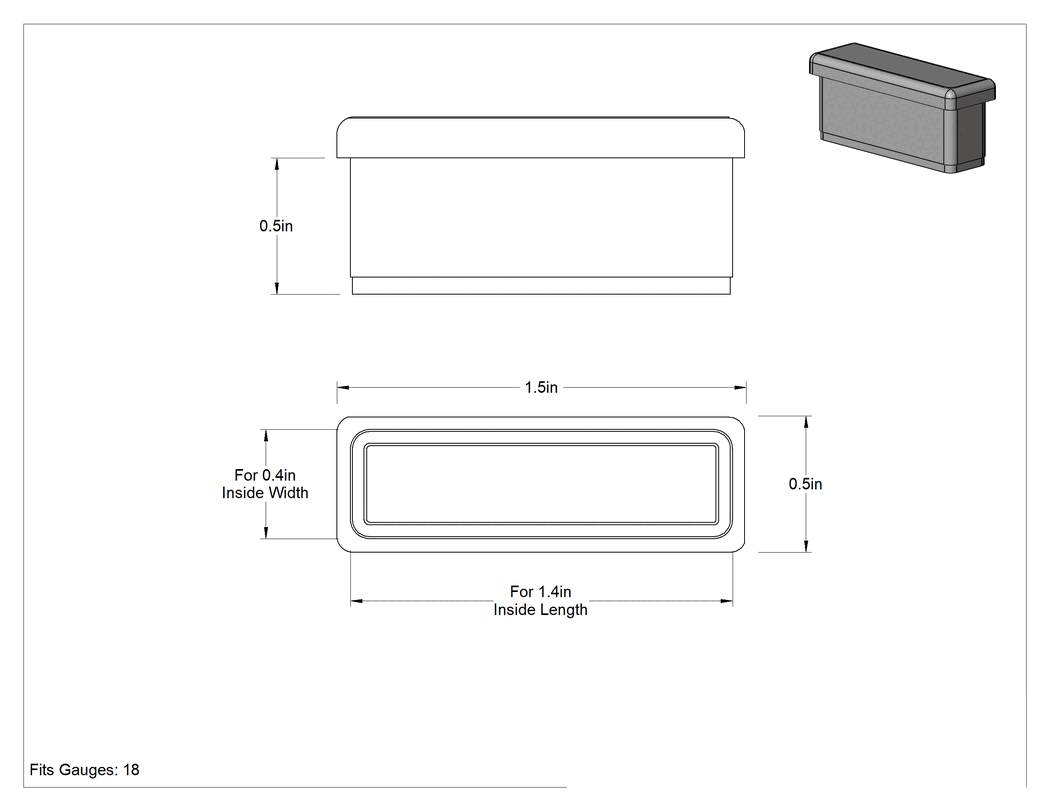 Teknik Çizim - Dikdörtgen Tapalar, İtme, 1.4" Uzunluk x 0.4" İç Genişlik için