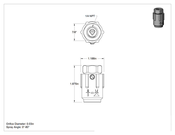 Teknik Çizim - Ayarlanabilir Püskürtme Açılı Yüksek Basınçlı Püskürtme Nozulu, 1/4 NPT Dişi, 300 PSI'da 0.55 gpm