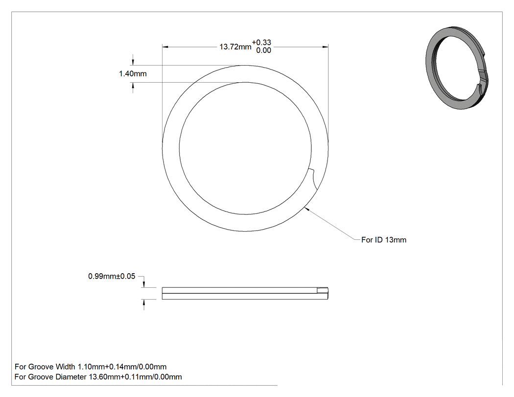 Teknik Çizim - Ağır Hizmet Spiral İç Segman, 1060-1090 Yay Çeliği, 13 mm İç Çap için
