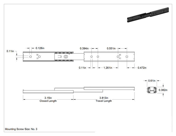 Teknik Çizim - Minyatür Çekmece Kılavuzları, 304 Paslanmaz Çelik, 3-1/8" Kapalı Uzunluk