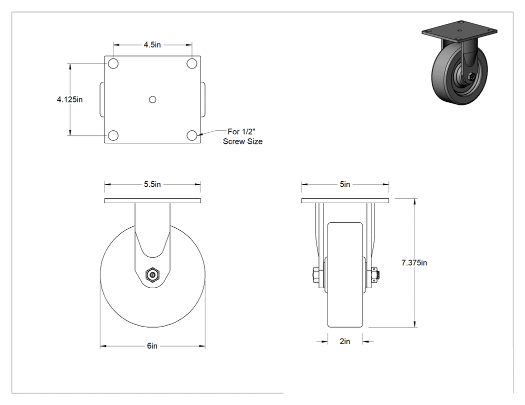 Teknik Çizim - 5-1/2" x 5" Plakalı Yüksek Kapasiteli Spartan Tekerlek, 6 inç Çapında Fenolik Tekerlekli Sert