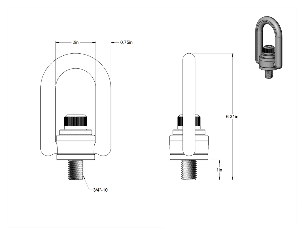 Teknik Çizim - Kaldırma için Dövme Çelik Kaldırma Halkası, Floresan Yeşil, 3/4"-10 Diş Boyutu, 1" Diş Uzunluğu