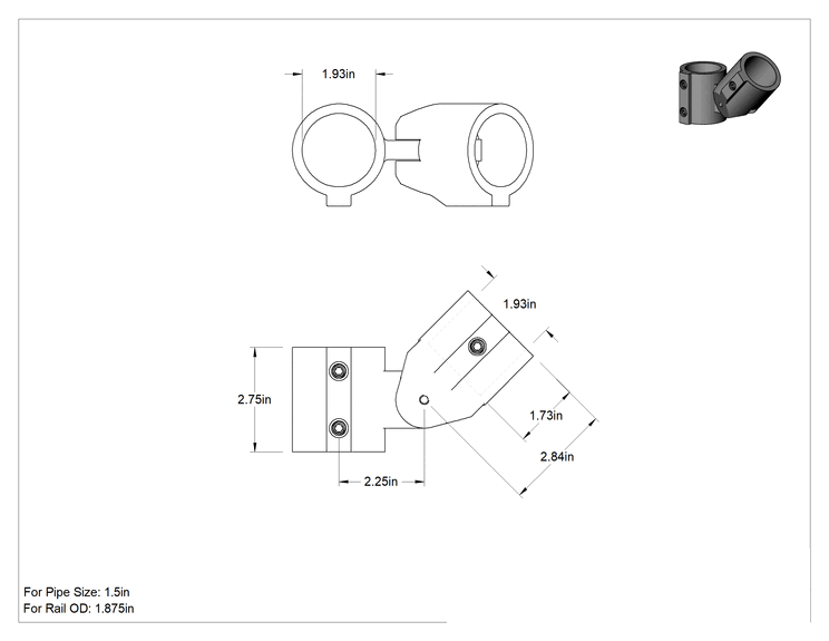 Teknik Çizim - Alüminyum Giydirme Bağlantı Parçası, 1-7/8" Ray Dış Çapı için Ayarlanabilir Açılı Y Bağlantı Elemanı