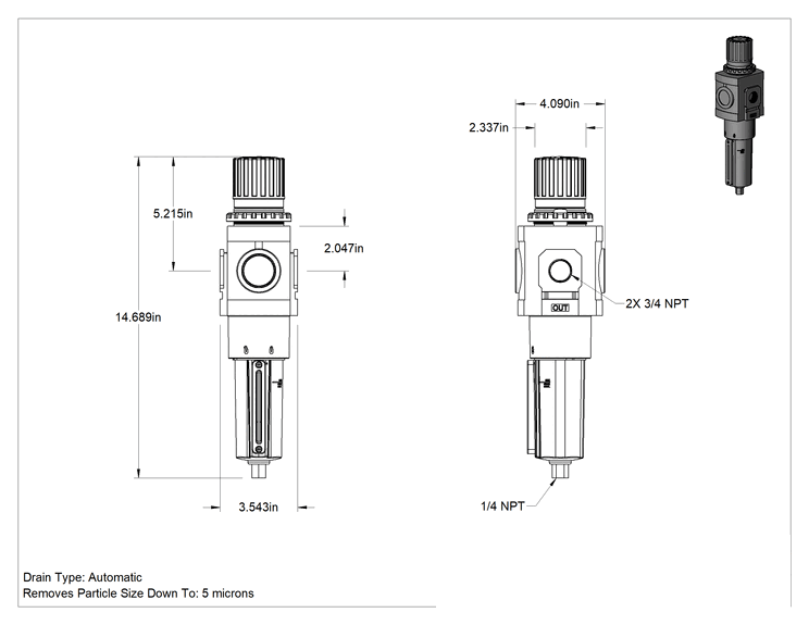 Teknik Çizim - ARO Modüler Basınçlı Hava Filtresi/Regülatörü, Otomatik Tahliye Özellikli Alüminyum Kase, Seri 3000, 3/4 NPT