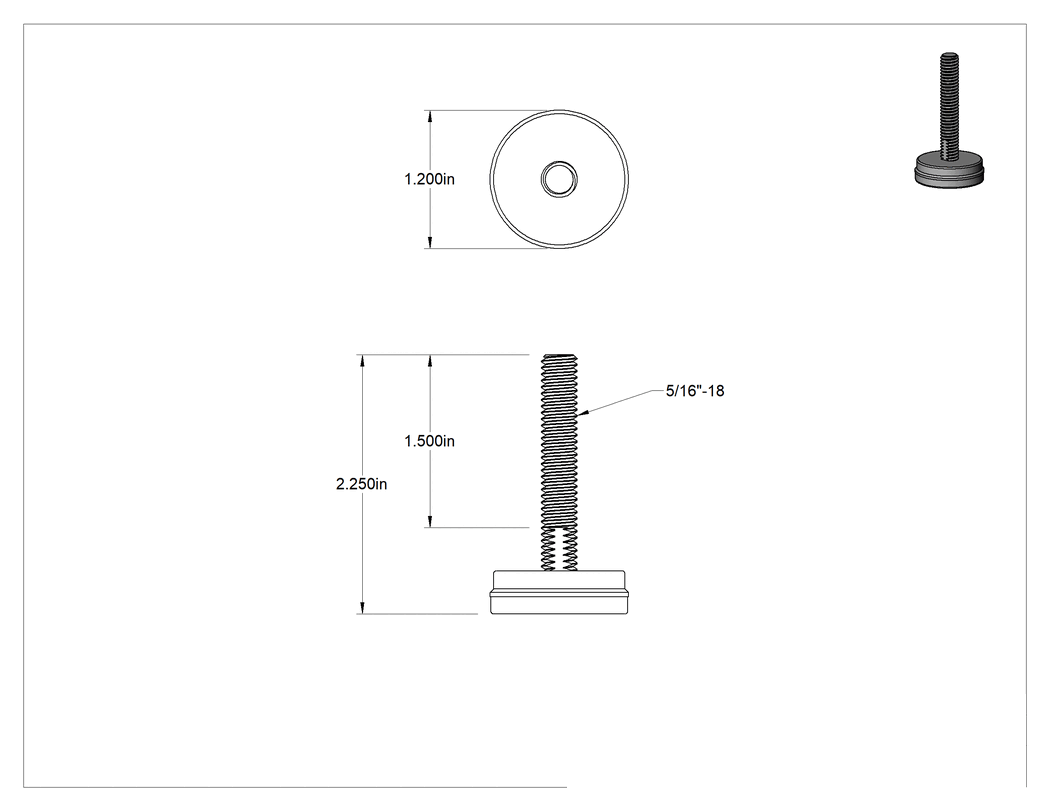 Teknik Çizim - Dişli Saplama ve Yastıklı Sert Seviyelendirme Montajı, Neopren Yastıklı Çinko Kaplı, 5/16"-18 x 1.5" Uzunlukta Diş