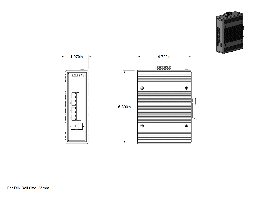 Teknik Çizim - Cihaz Öncelikli Ethernet Anahtarı, 2 Sfp Soketi ve 4 RJ45 Soketli, DIN Rayı Montajı