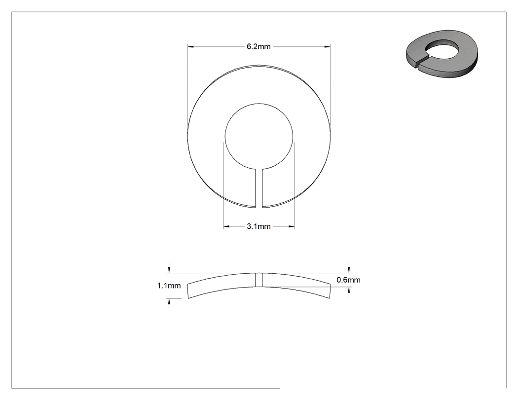 Teknik Çizim - Kilit Pul, Kavisli, Yay Kilidi, Çinko Kaplamalı, M3 Vida için, 3.1 mm İç Çap